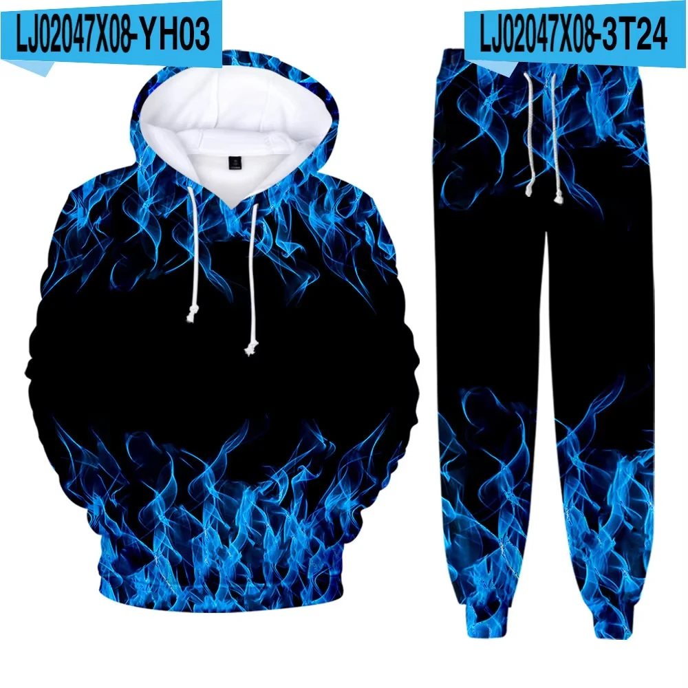 Men's Hoodie Pant Set Blue Flame 3d Print Sets Men Women Fashion Hoodie +Pants 2Pcs Sets Sports Casual Two Piece Tracksuit Suits