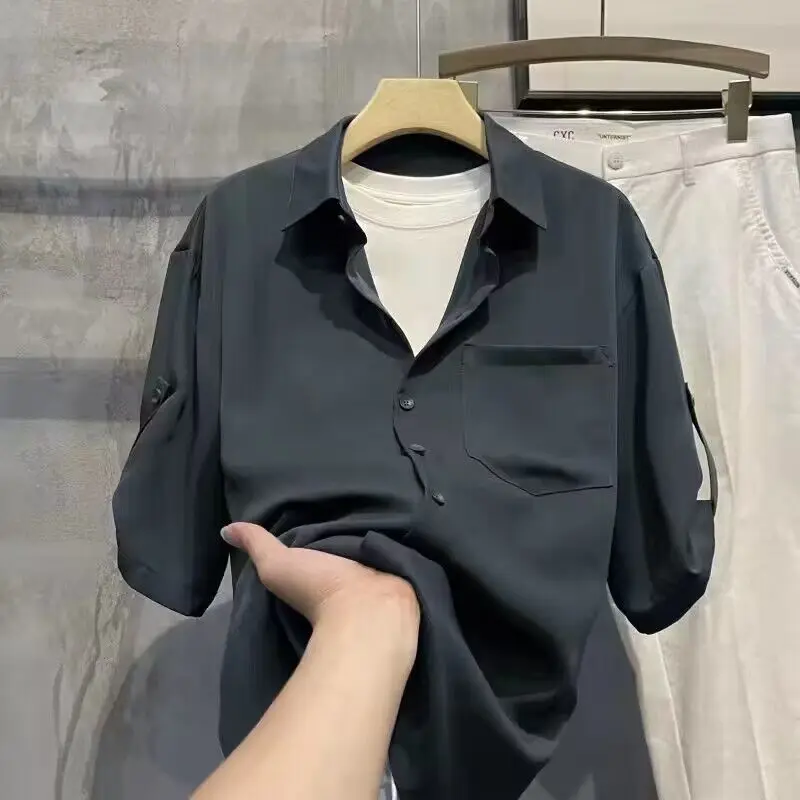 Ice Silk Shirt for Men's Summer Thin Loose Drooping Three-quarter Sleeve High-end Design Casual and Versatile