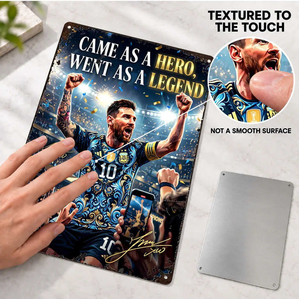 Lionel Messi Legend Tribute Football Aluminum Poster Customized Metal Sign Digital Illustration Wall Art For Man Cave Fan Gift