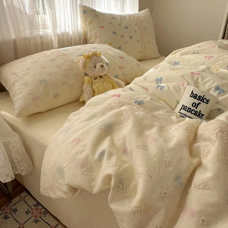 

2025 new lace washed cotton bed four-piece set Korean dormitory quilt cover student bed sheet three-piece set