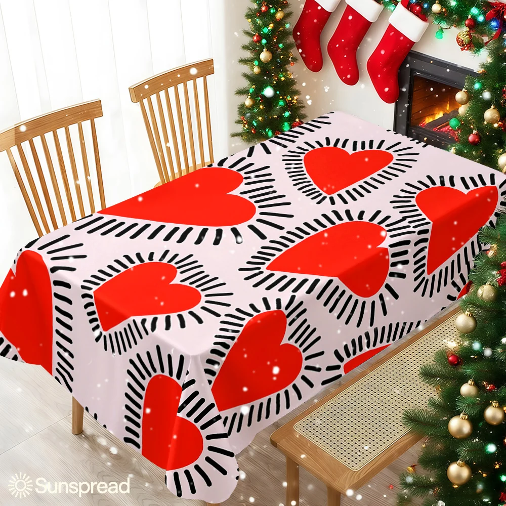 Red Hearts Radiating Lines Pin Waterproof table cloth, splash-proof tablecloth, for party, Halloween, Christmas, dining, camping