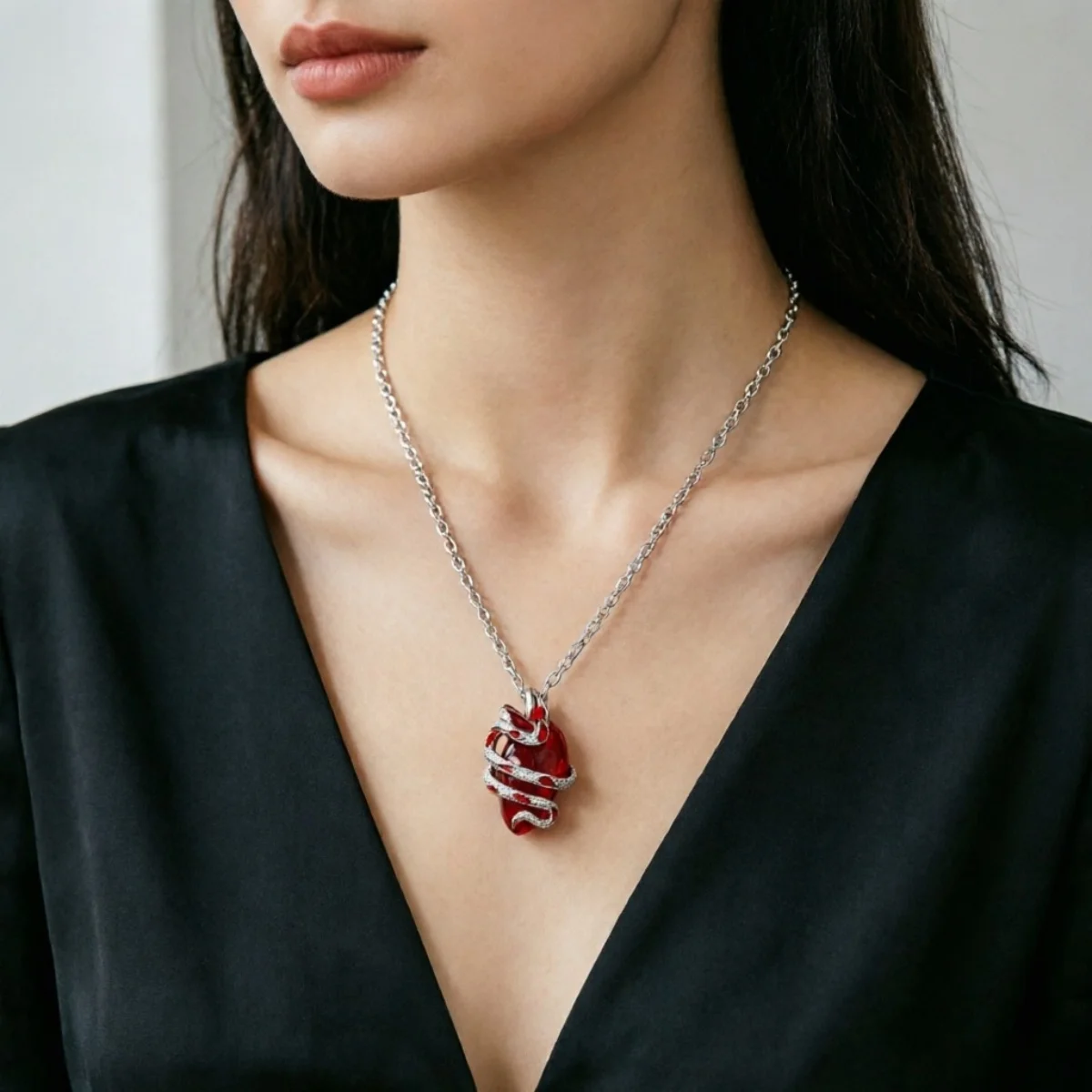 Halloween Kreative Schlangen-Umwickelte Rote Herz-Anhänger-Halskette für Damen und Herren, Gothic Punk Dornen-Rosen-Blumen-Choker, Party-Schmuck – Detail 14