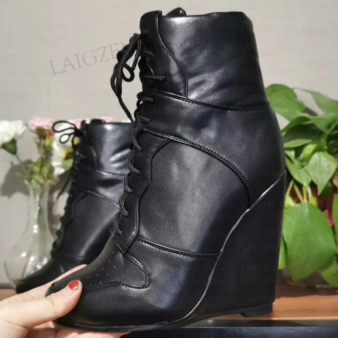 SEIIHEM Women Ankle Boots Wedges Faux Leather Round Toe Heels Short Boots Lace Up Ladies Handmade Shoes Woman Plus Size 40 45 47