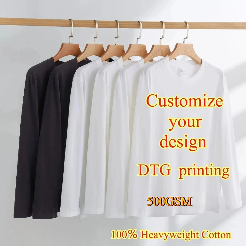 Customize Your Design DTG Printing 500G Heavyweight Cotton Mens T-shirts High Quality Male Loose Casual Long Sleeve Shirts 3XL
