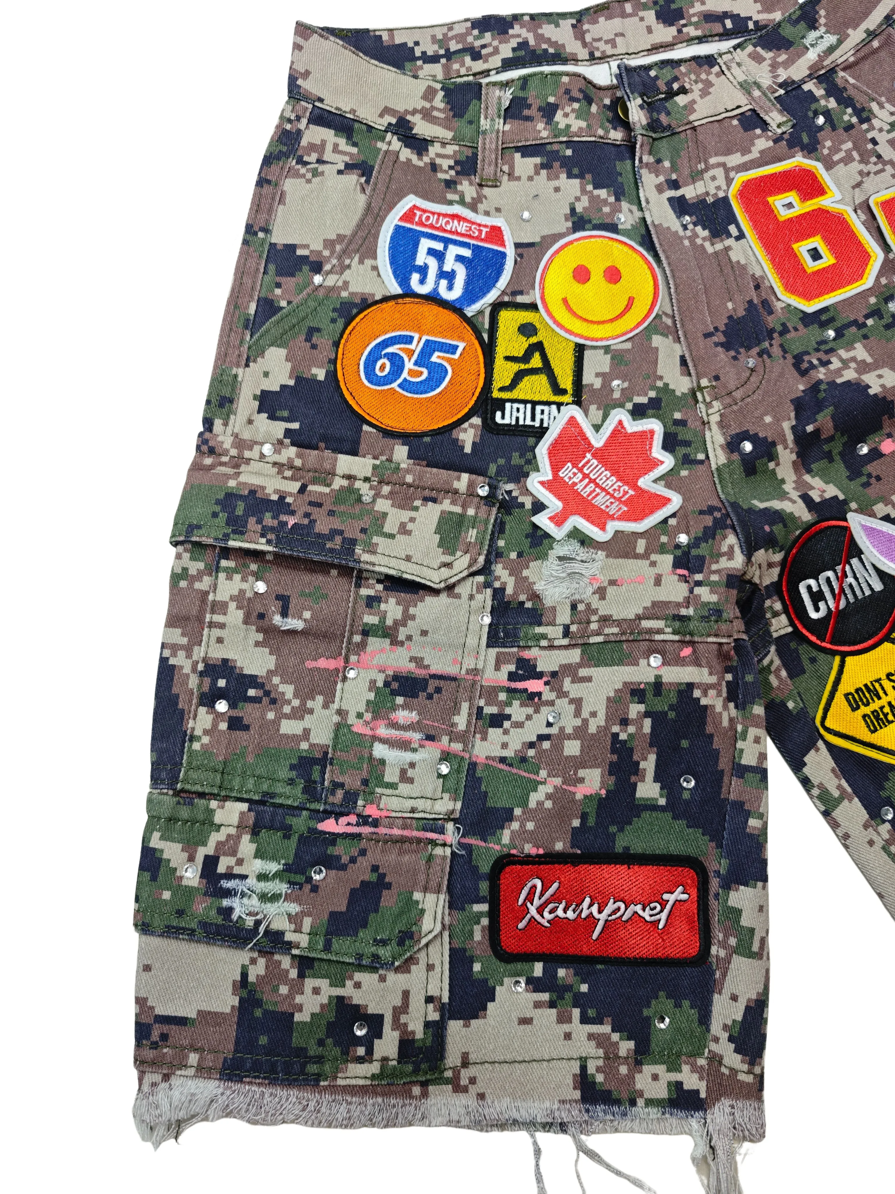 Y2k Diamanti Patch Ricamo Pantaloncini di jeans Goth Baggy Jeans corti Camou Streetwear Pantaloncini a gamba larga a vita alta Pantaloni cargo da donna