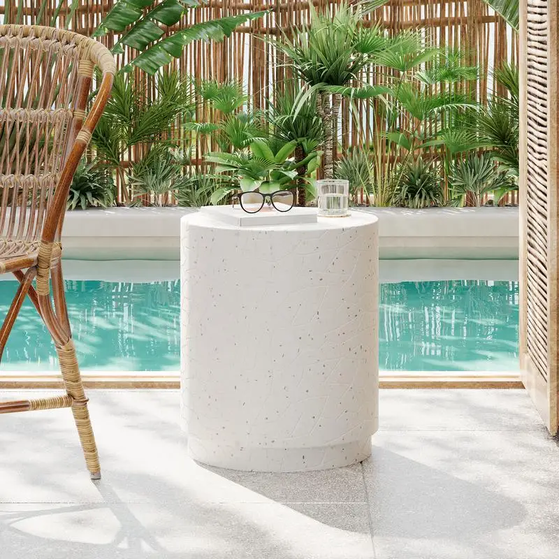 White Terrazzo Concrete Drum Accent Table for Living Room, Outdoor Use, Stylish Design