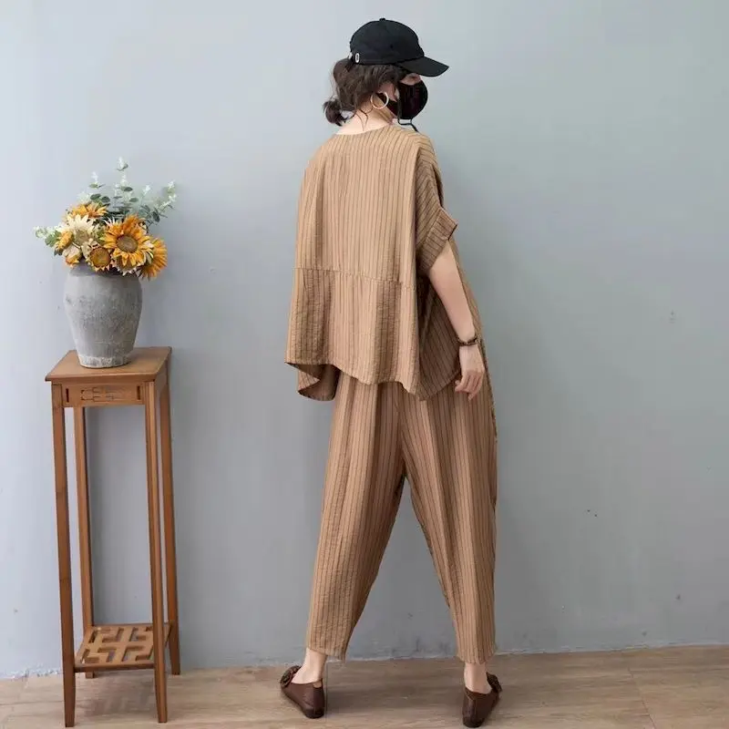 Fashion Retro Loose T Shirt Sets Women Summer 2024 New Casual Irregular Suits Bat Short Sleeve T-shirt And Pants Two Piece Suit