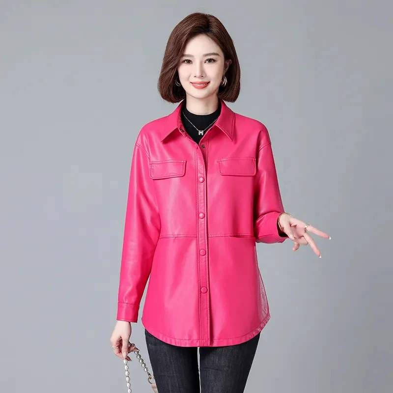 High-quality Women Leather Jacket Spring Autumn New Fashion Mid-Long Leather Coat Middle Aged Mother Casual Faux Leather Outwear