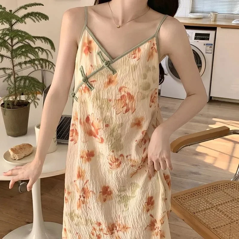 Summer Femme Medium Long Styles Dress Women Printing Suspenders Home Furnishings Ladies High-end With Chest Cushion Pajamas