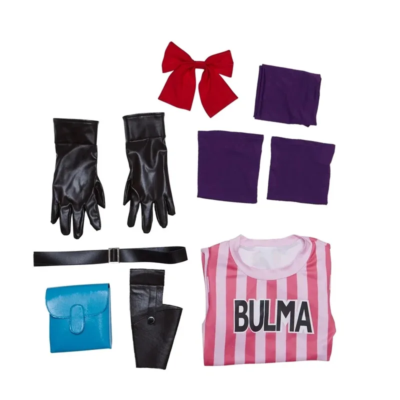 Anime bulma cosplay traje rosa listra vestido feminino halloween carnaval terno bulma traje conjunto completo com headwear luvas cinto saco