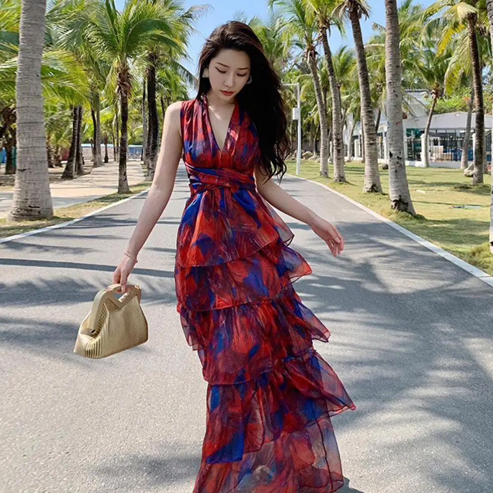 

2022 New Summer Women's Midi Beach Dresses Fashion Print Sexy Backless V-Neck A-line Skirt Elegant Temperament Ladies Clothes