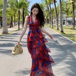 2022 New Summer Women's Midi Beach Dresses Fashion Print Sexy Backless V-Neck A-line Skirt Elegant Temperament Ladies Clothes