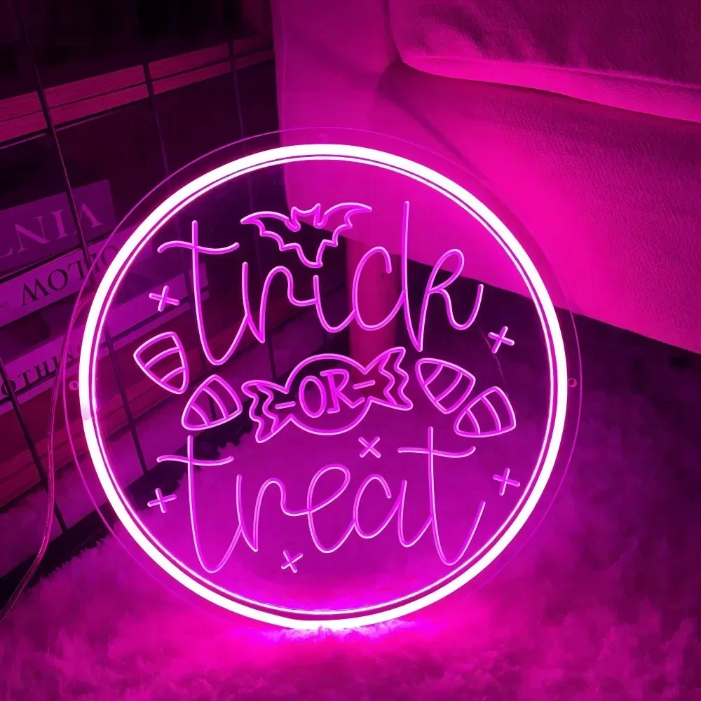 Trick or Treat Neon Sign Carve Personal LED Lights For Exterior Halloween Decoration Room Decors Aesthetic Support Customized