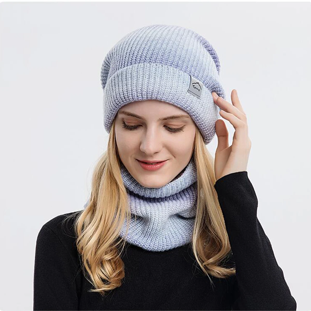 Set Topi Rajut Wanita OVTRB untuk Musim Dingin, Penghangat Leher, Set Topi Beanie Warna Gradasi, Set Syal, Topi Rajut Hangat, Topi Skull untuk Olahraga Luar Ruangan