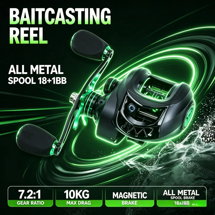 Magnetic Baitcasting Reel All‑Metal Spool 18+1BB 7.2:1 10kg Max Drag Smooth Long Casting for Bass Saltwater Freshwater Fishing