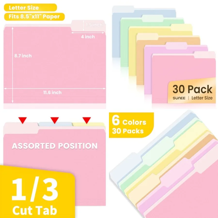 

SUNEE File Folders 30 Pack Manilla Folders 8.5 x 11 Colored File Folders for Home Office School Use Organize Documents Files Pa