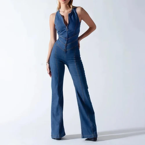 Imagen 1 del producto Mono vaquero ajustado azul para mujer, estilo Retro, cintura alta, cremallera, sin mangas, conjunto sin espalda, moda urbana, ropa informal de verano