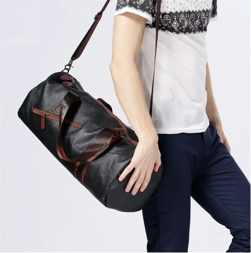 Men\'s PU Gym Bags Male Fashion Sports Barrel Duffel Bags Multifunctional Training Fitness Workout Shoulder Travel Handbag