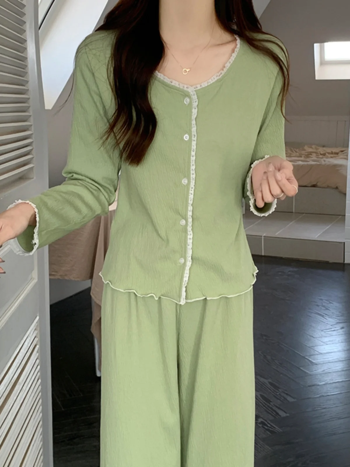 pure-cotton-long-sleeve-sleepwear-set-for-women-spring-autumn-style-simple-lace-trim-green-home-clothes-two-piece-set