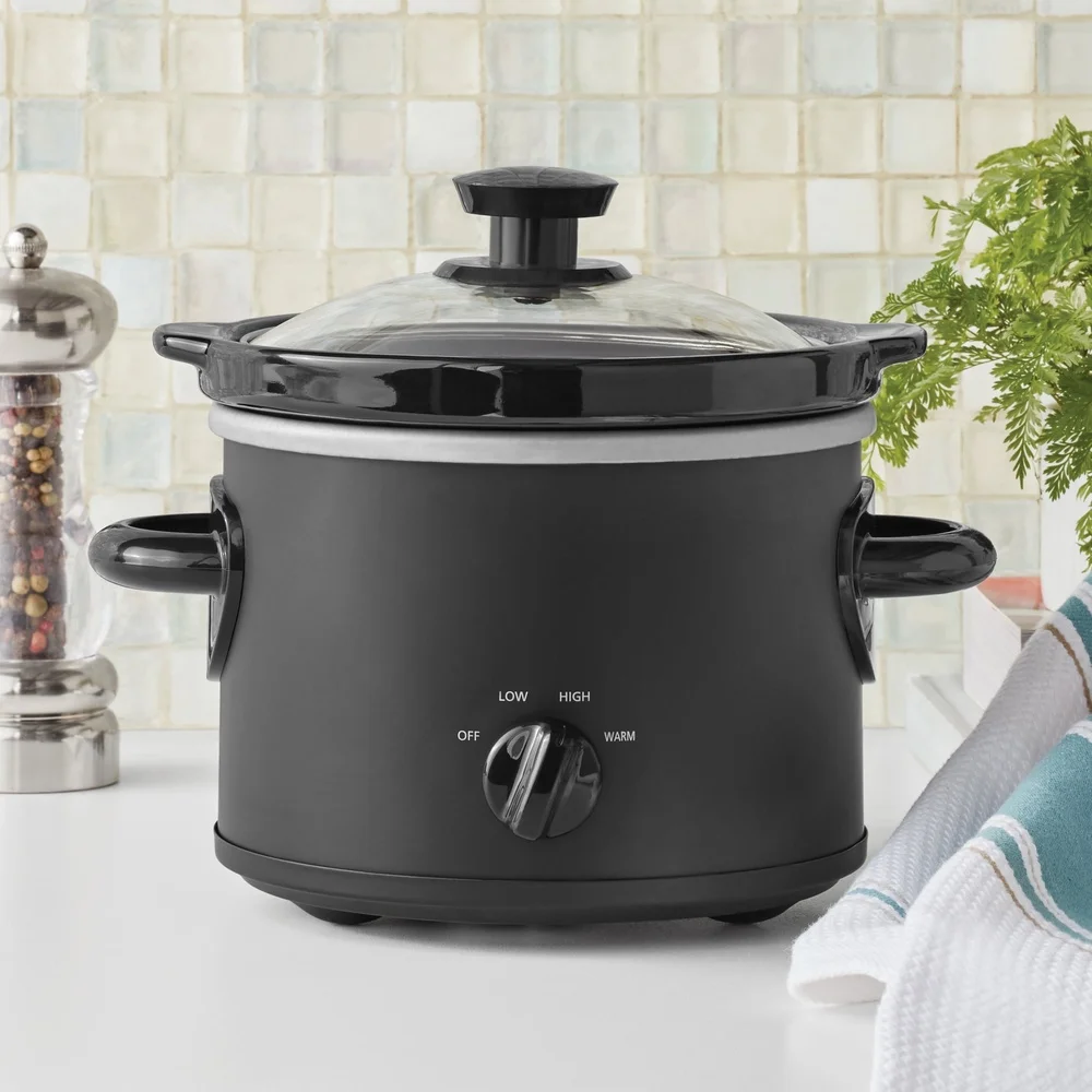 2 Qt Slow Cooker 100 Watts Removable Stoneware Pot Programmable Two Temperature Settings Glass Lid Meats Stews Soups Chili