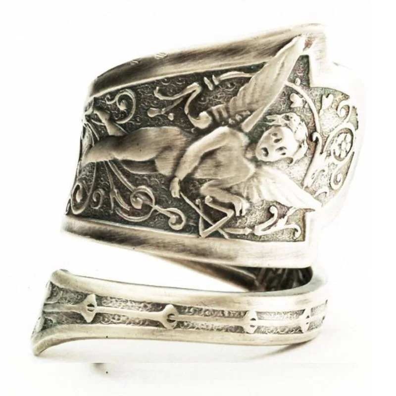 Vintage Angel Cupid Music Symbol Ring Silver Color Rings for Women Retro Band Ring Anniversary Gift Engagement Party Jewelry