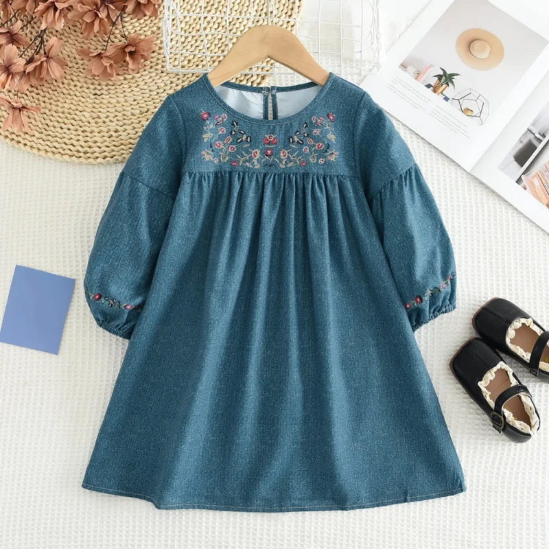 New Girls Dress Sweet Flower Embroidered Blue Dress Toddler Kids Rustic Style Outing Long Sleeve Casual Dress Party Picnic Wear