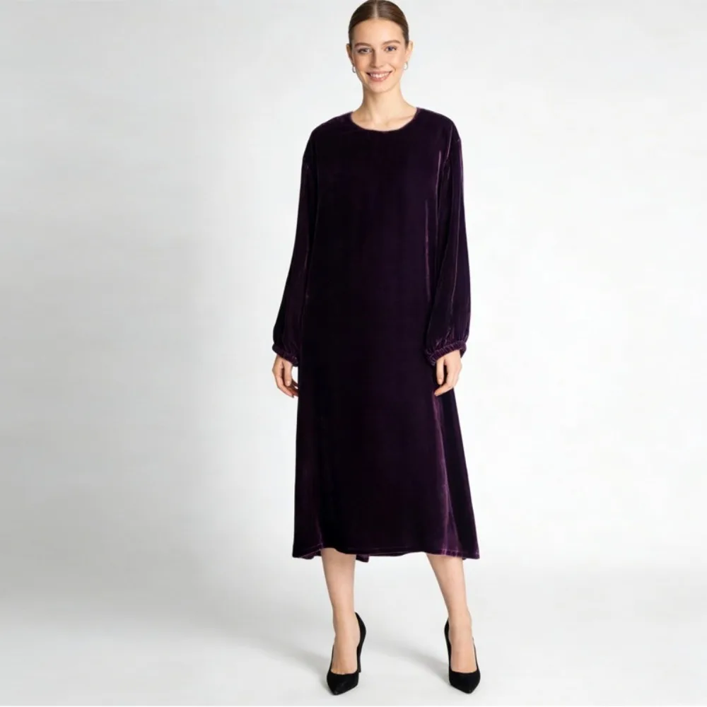 High End Purple 30% Natural Mulberry Silk Velvet Simple Solid Versatile Comfortable Women's Round Neck Long Sleeved Party Dress