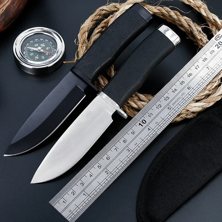 

New Fixed Knives Mirror 440 Blade Rubber Handle Straight Knives Camping Tactical Knife EDC Tools Survival Hunting Knife + Sheath