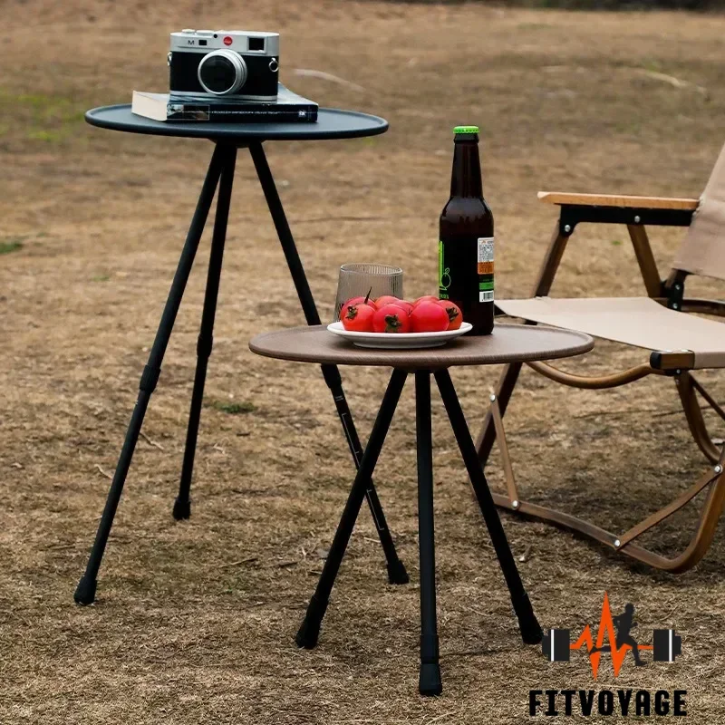 Outdoor Camping Cafe Coffee Table, Portable Tripod, Folding Table, Lightweight, Small Round Table, Wood Grain, Retro, Picnics