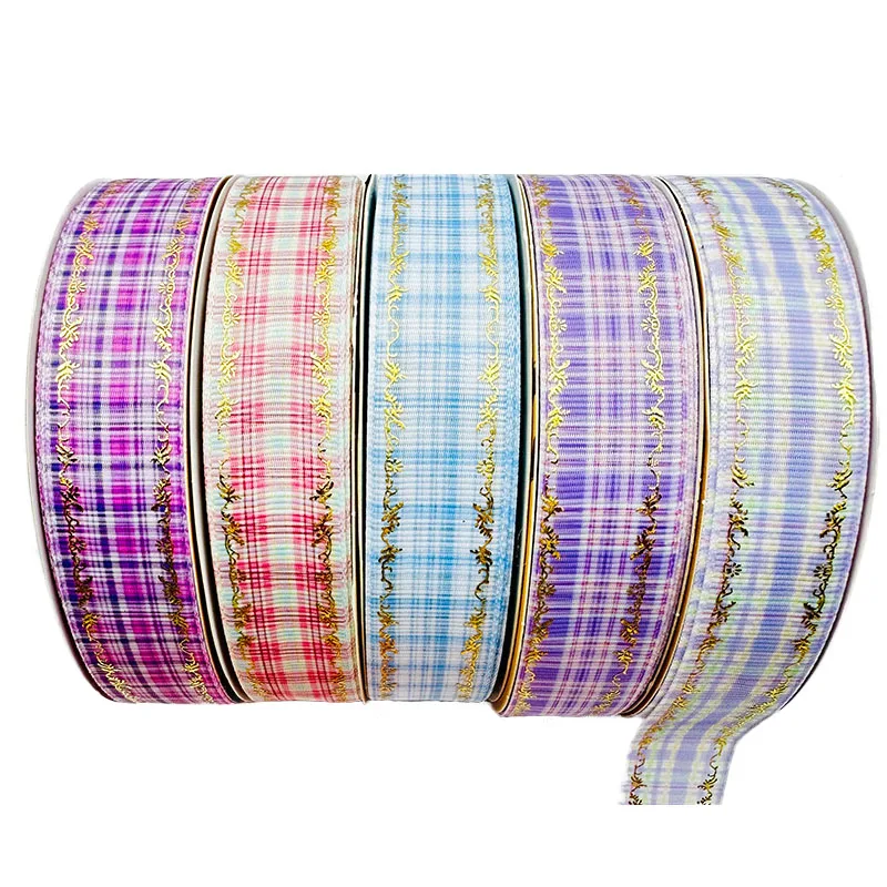50yards 25MM Gold Foil Damask Patternon Edge Plaid Grosgrain Ribbon Welcome Custom Printed