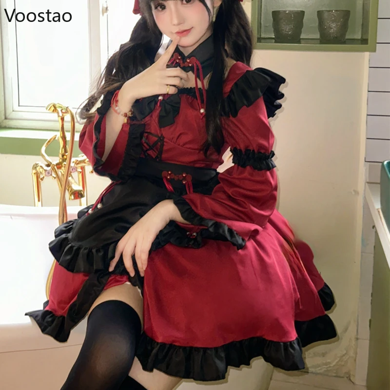 Japanische gotische lolita kleid frauen harajuku bogen maid kleider mädchen vintage y2k kleiner teufel cosplay halloween party mini kleid