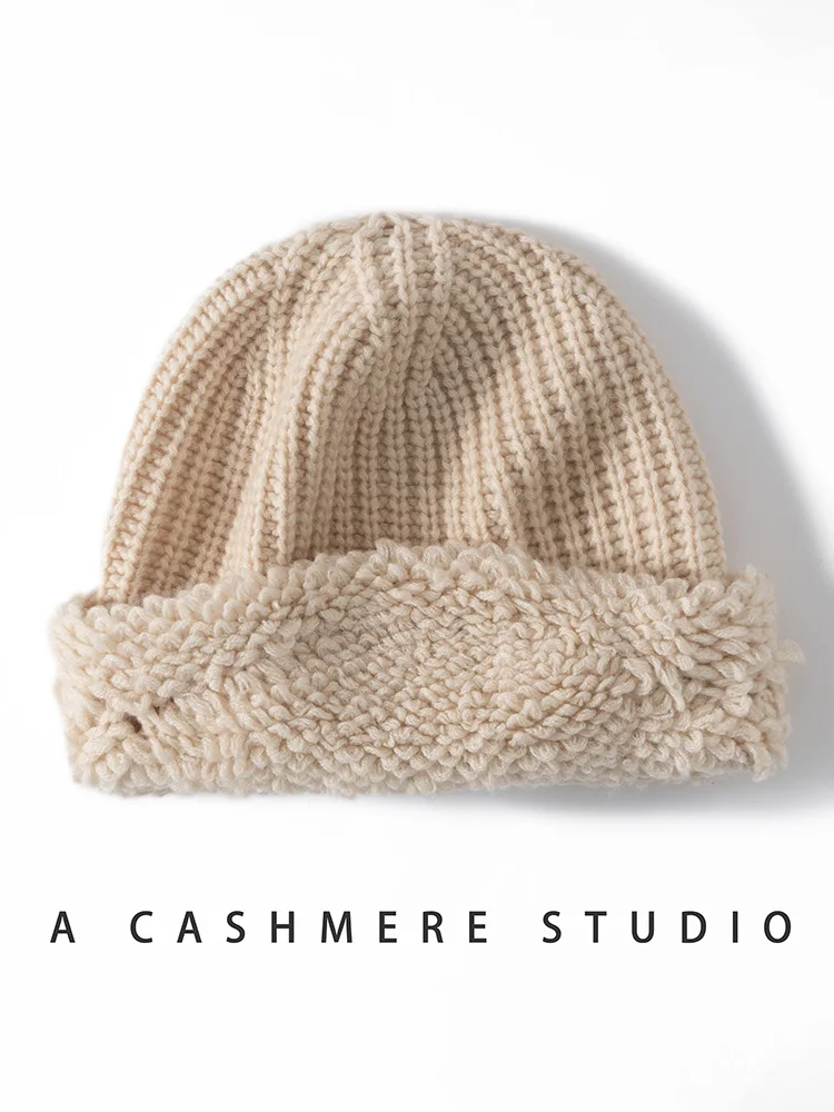 

New Autumn Winter Women Cashmere Hat 100% Cashmere Cable Knitting Hats Rolled Towel Edge Warm Pullover Caps Casual Cashmere Tops