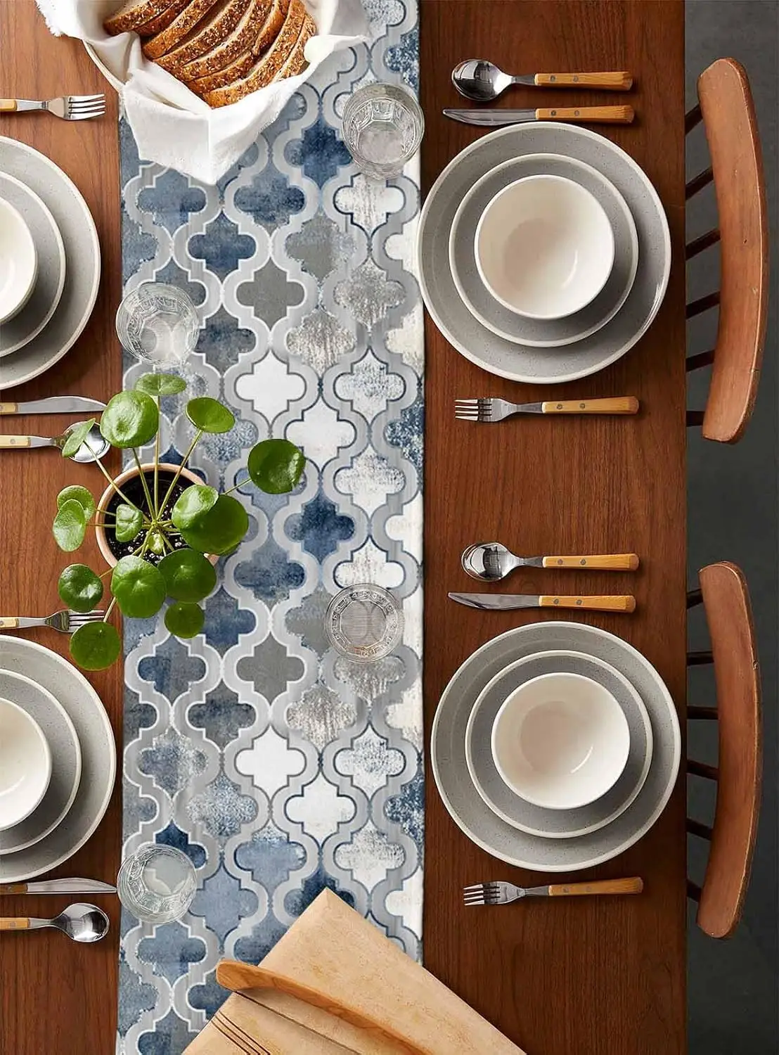 Blue Modern Geometric Trellis Abstract Linen Table Runners Dining Room Decor Washable Dining Table Runners Home Decorations