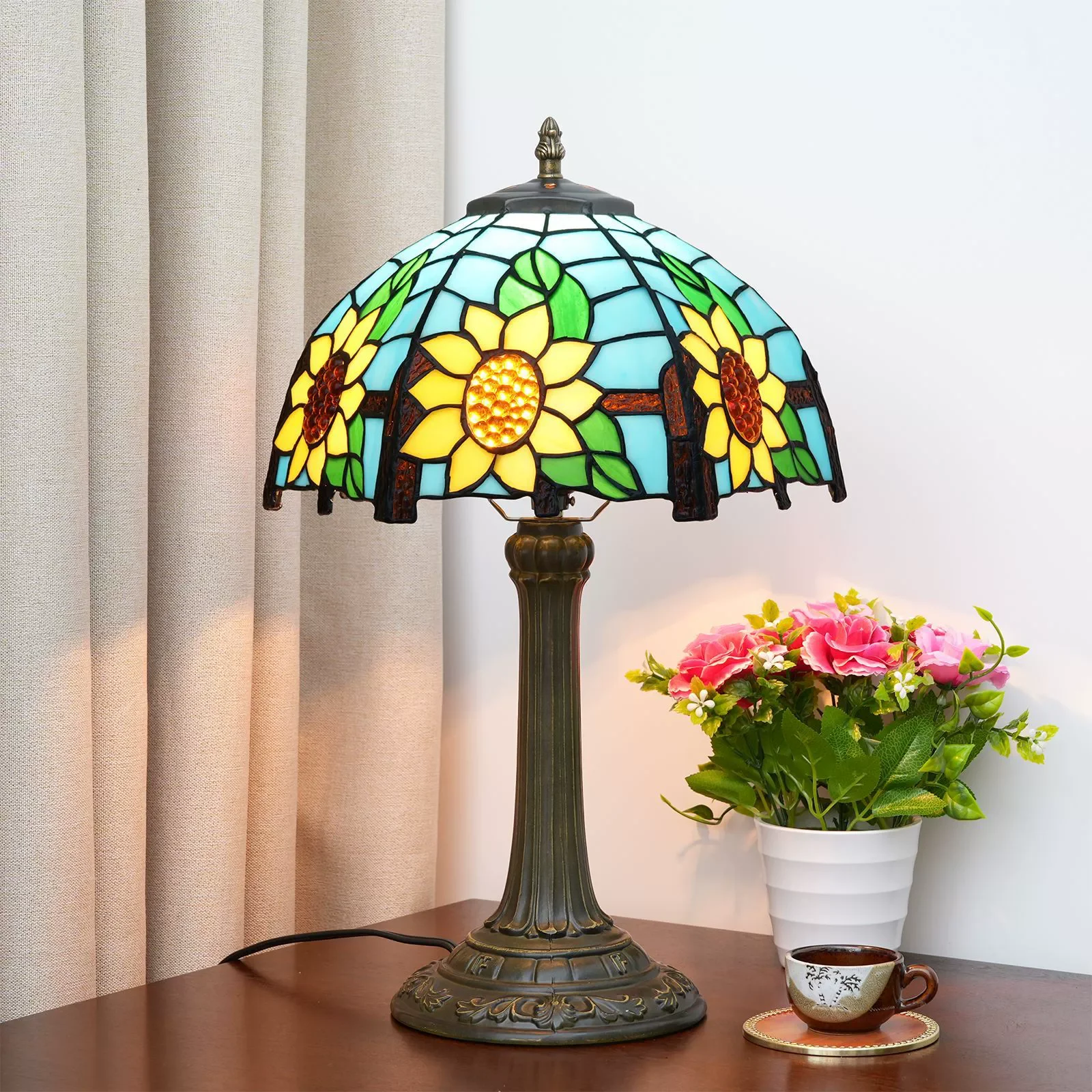 12inch Household Living Room Sofa Table Lamp Stained Glass Lamps Pastoral Sunflower Style Tiffany Mosaic Desk Lamp