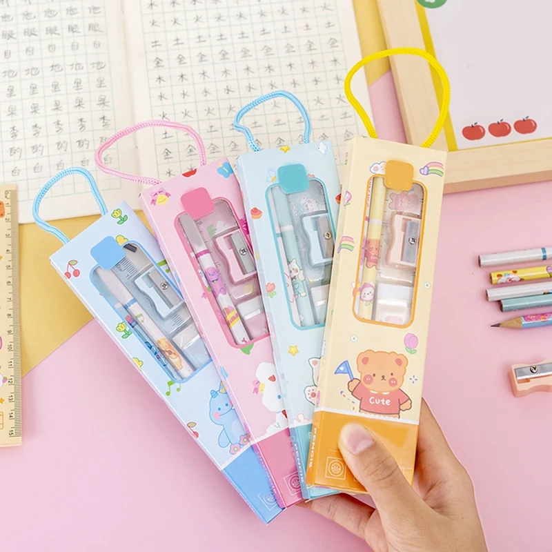 Best School Stationery Set Kawaii Kit Complete Supplies (Pencil 2Pcs, Eraser, Sharpener,Ruler) Wood+ABS