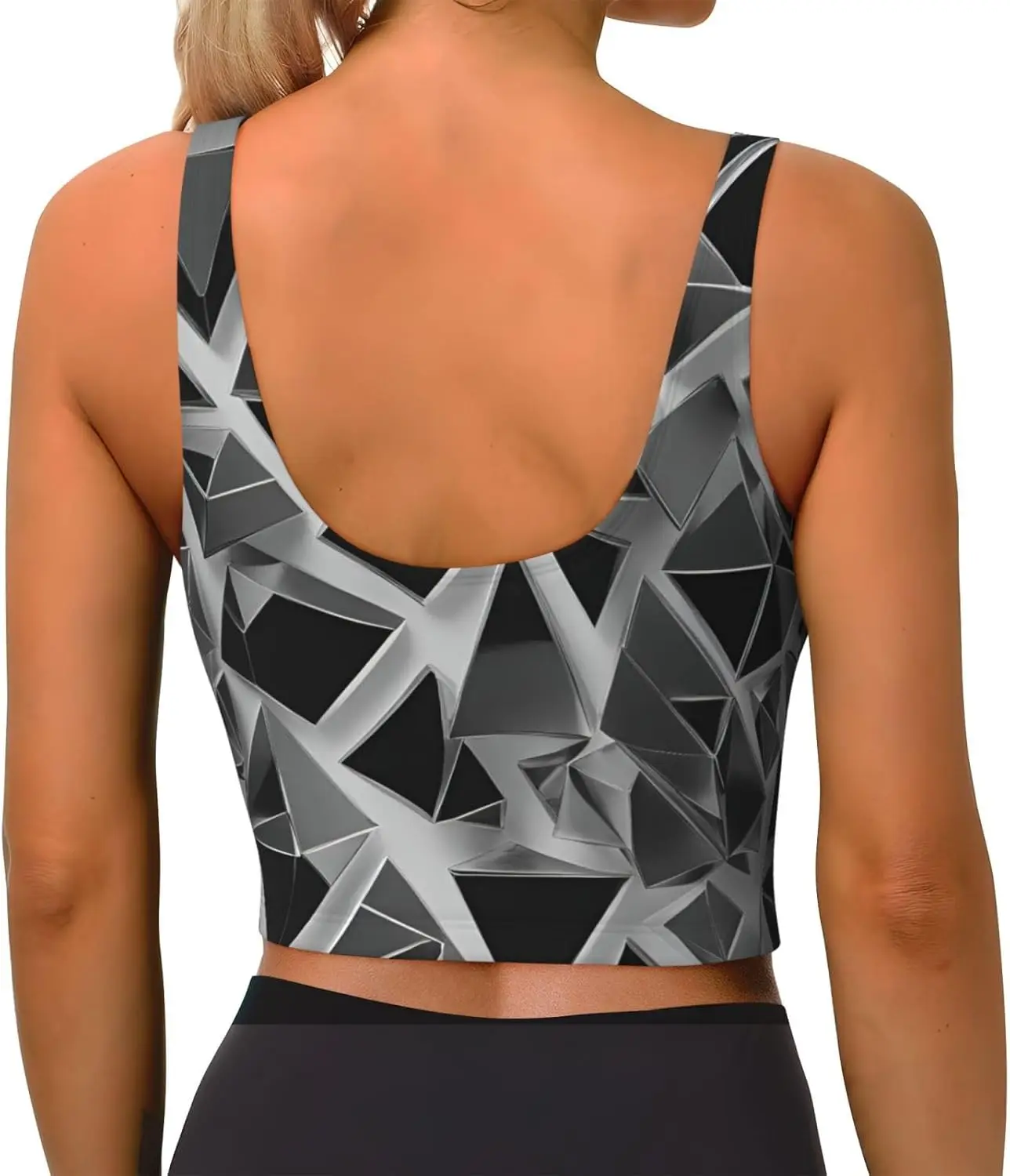 レディース シルバー 幾何学模様 プリント スポーツ タンク トップ、取り外し可能なパッド付き軽量ヨガ ベスト