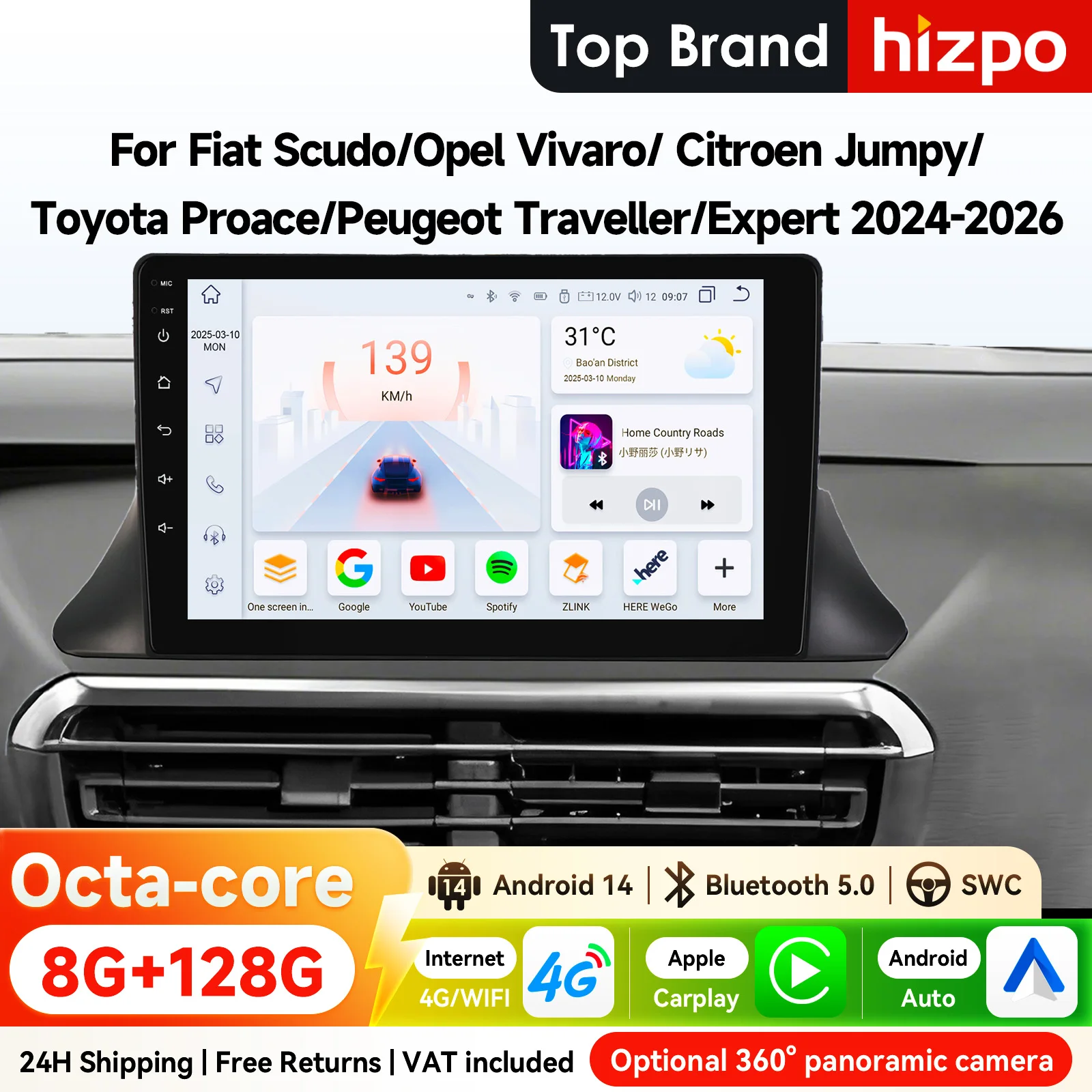 Hizpo 2Din Android Auto Autoradio für Fiat Scudo Opel Vivaro Citroen Jumpy Toyota Proace Peugeot Traveller Expert Snapdragon 6115 GPS CarPlay 4G BT DSP RDS 360 ° GLAS