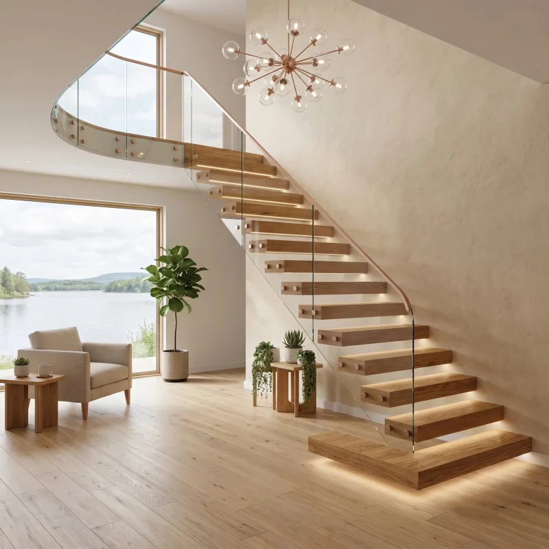 custom.Scandinavian Style Floating Staircase - Warm Minimalist Design with Bespoke Oak Wood Treads