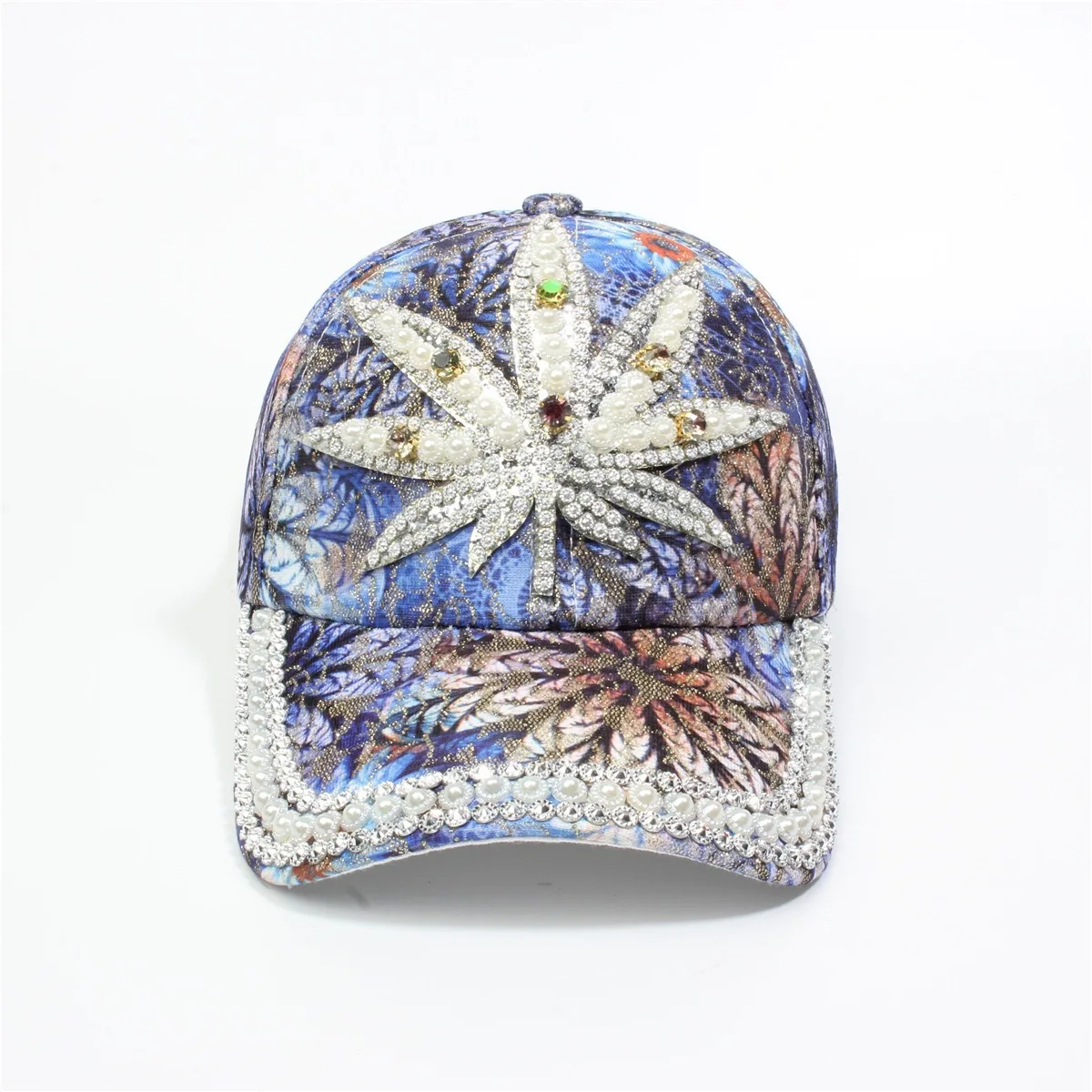 Plants and flowers printed all over, three-dimensional pearl and rhinestone border baseball cap - Country and casual style