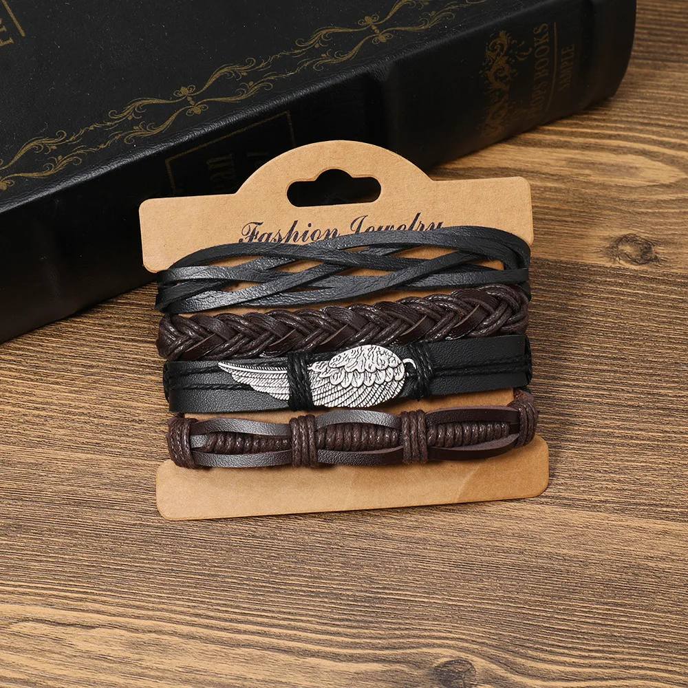 4pcs Vintage Woven Leather Bracelets For Men Retro Feather Twists Rope Chain Braided Leather Bracelets Gifts For Friend