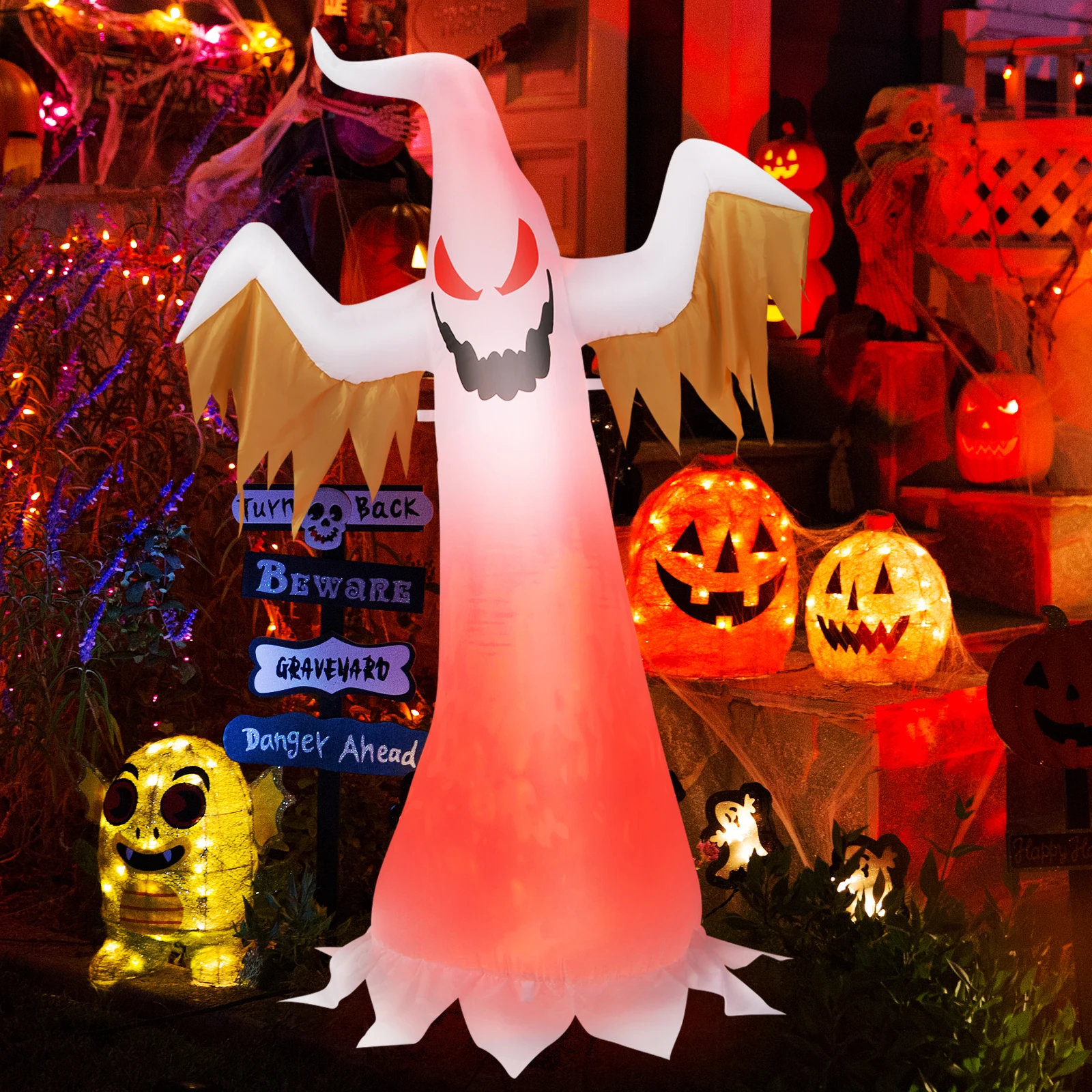 6ft Halloween Inflatable Ghost Quick Blow up Halloween Décor w/ Red LED Lights