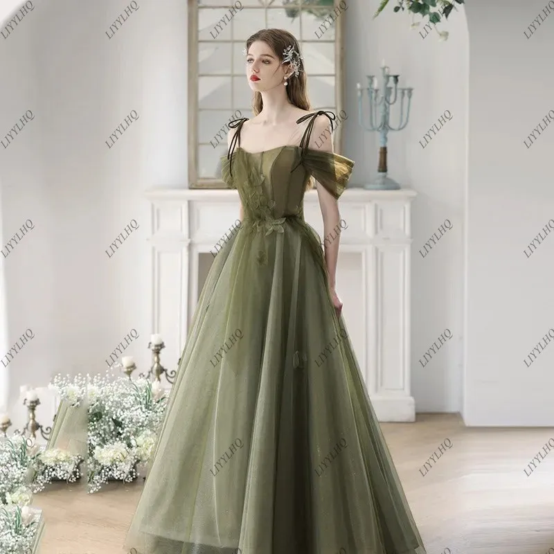 Popular Spaghetti Strap Avocado Green vestidos de noche Pretty Flowers Lace Up Off the Shoulder A-Line Evening Dress Party Gown