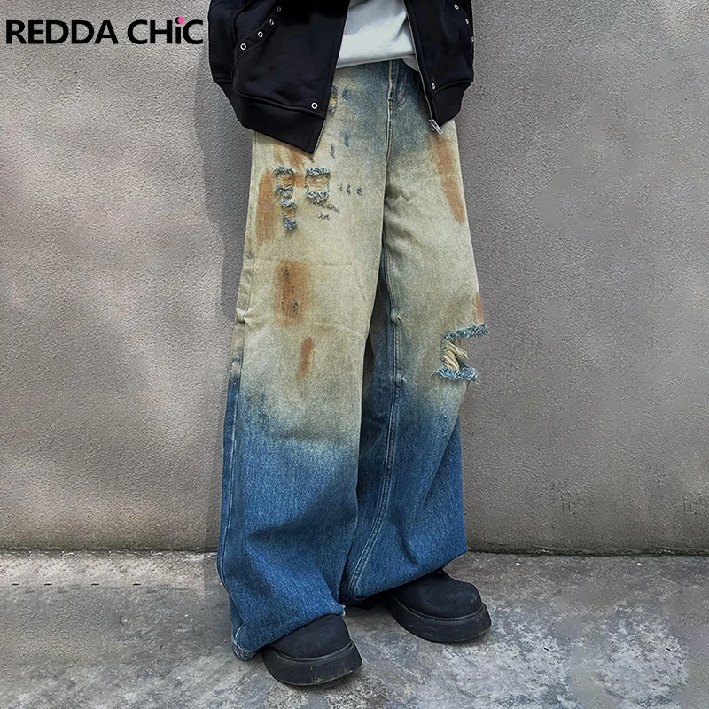 

REDDACHIC Retro Ripped Hole Do Old Men Baggy Jeans Blue Wash Gradient Loose Straight Wide Leg Denim Pants Y2k Hiphop Streetwear
