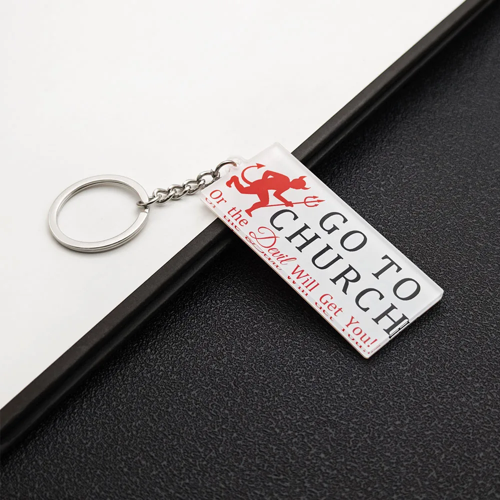 Go To Church Keychain Double Sided Acrylic Keyring Red Devil Pitchfork Pendant for Backpack Car Key Chains Jewelry Fans Gift