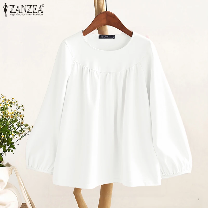ZANZEA Women Fashion Gathered Blouses Autumn Everyday Casual Lantern Sleeve Round Neck Blusas Mujer Oversized Loose Solid Tops