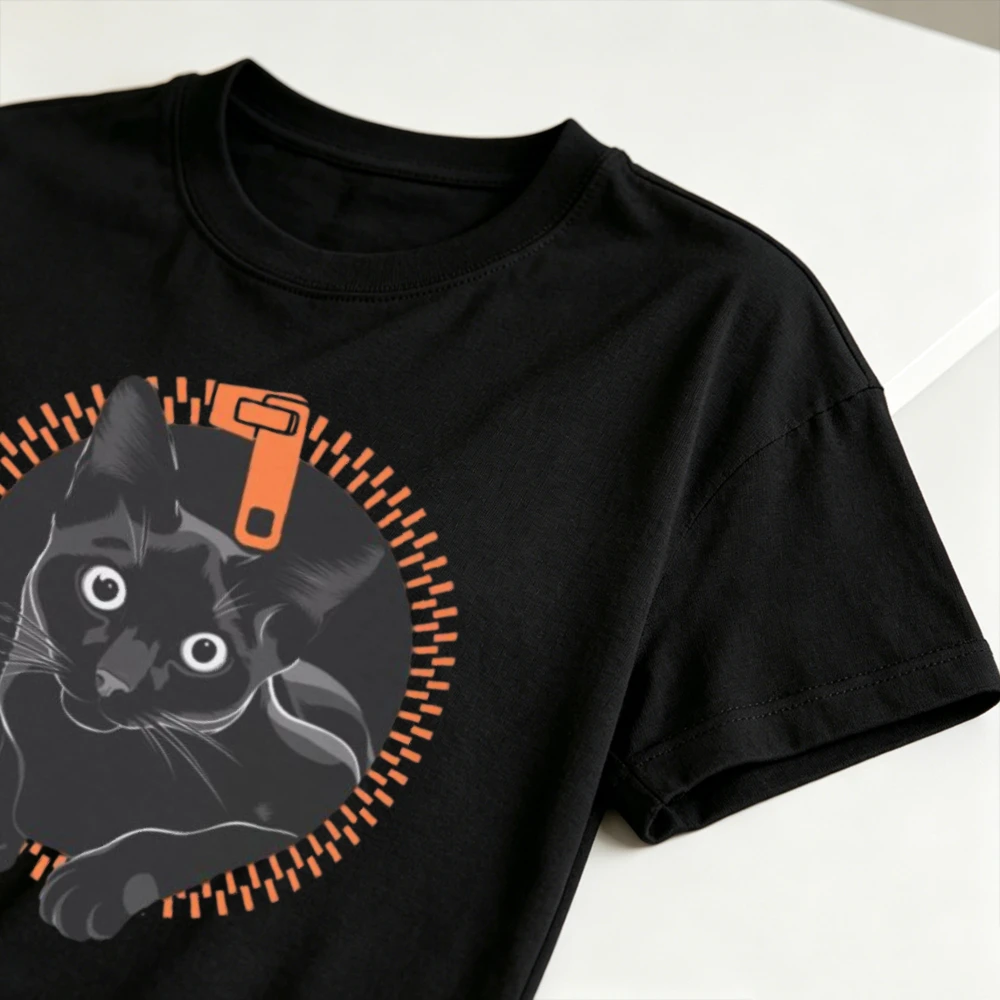Black Cat Orange Zipper Circular Pattern Short Sleeve Funny Cat Graphic T-Shirt Y2K Aesthetic Streetwear Men Women Casual Tops
