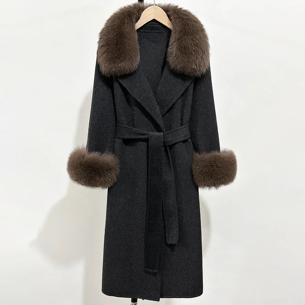 Female Warm Real Fox Fur Collar Elegant Woolen Coat 2025 New Winter Wool Blend Coat Fashion Double-sided Cashmere Wool Jacket