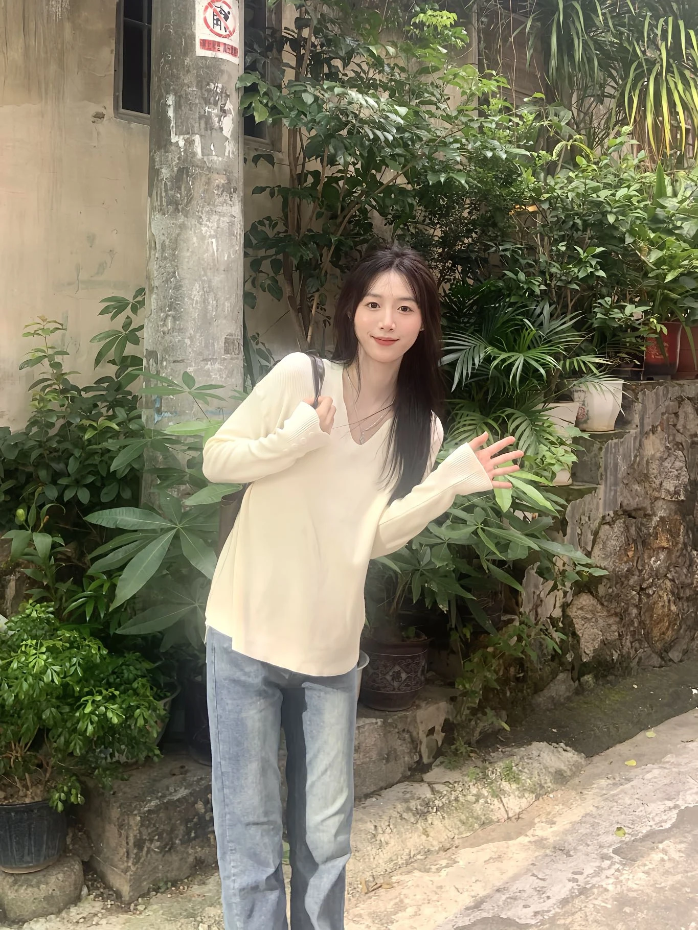 

Корейский трикотаж Sle V-Ne Slim Fit Светло-бежевый уникальный дизайн Sensation Commute Pure Color Long Sve Осенний топ женский F...