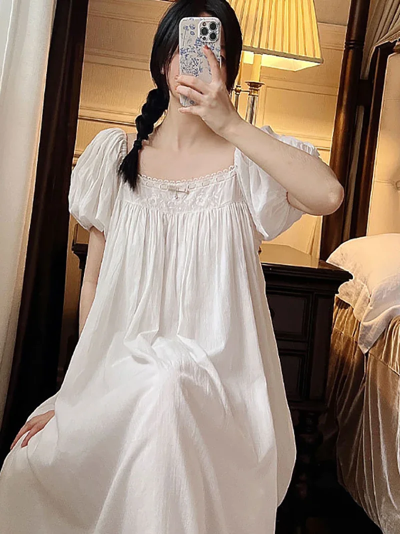 Women Pure Cotton Ruffles Sweet Embroidery Vintage Nightgowns Robe Night Dress Fairy Victorian Romantic Princess Sleepwear