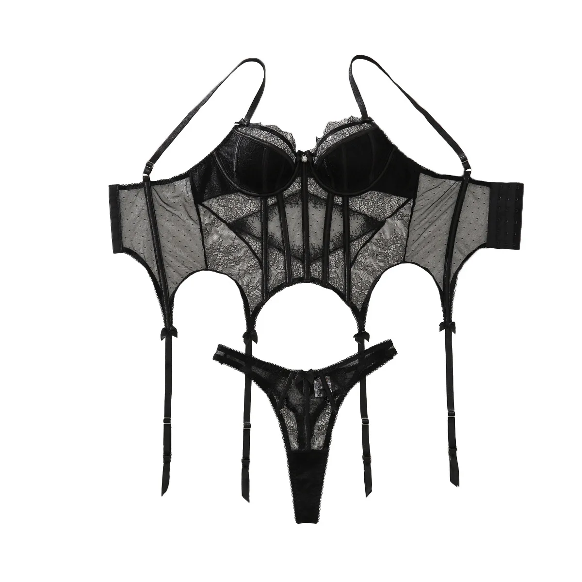 Women Sweet Lace Perspective Eyelash Lace Lingerie Set Female Sexy Black Tight Waist Cinching Fishbone Split Underwear Bra Suit